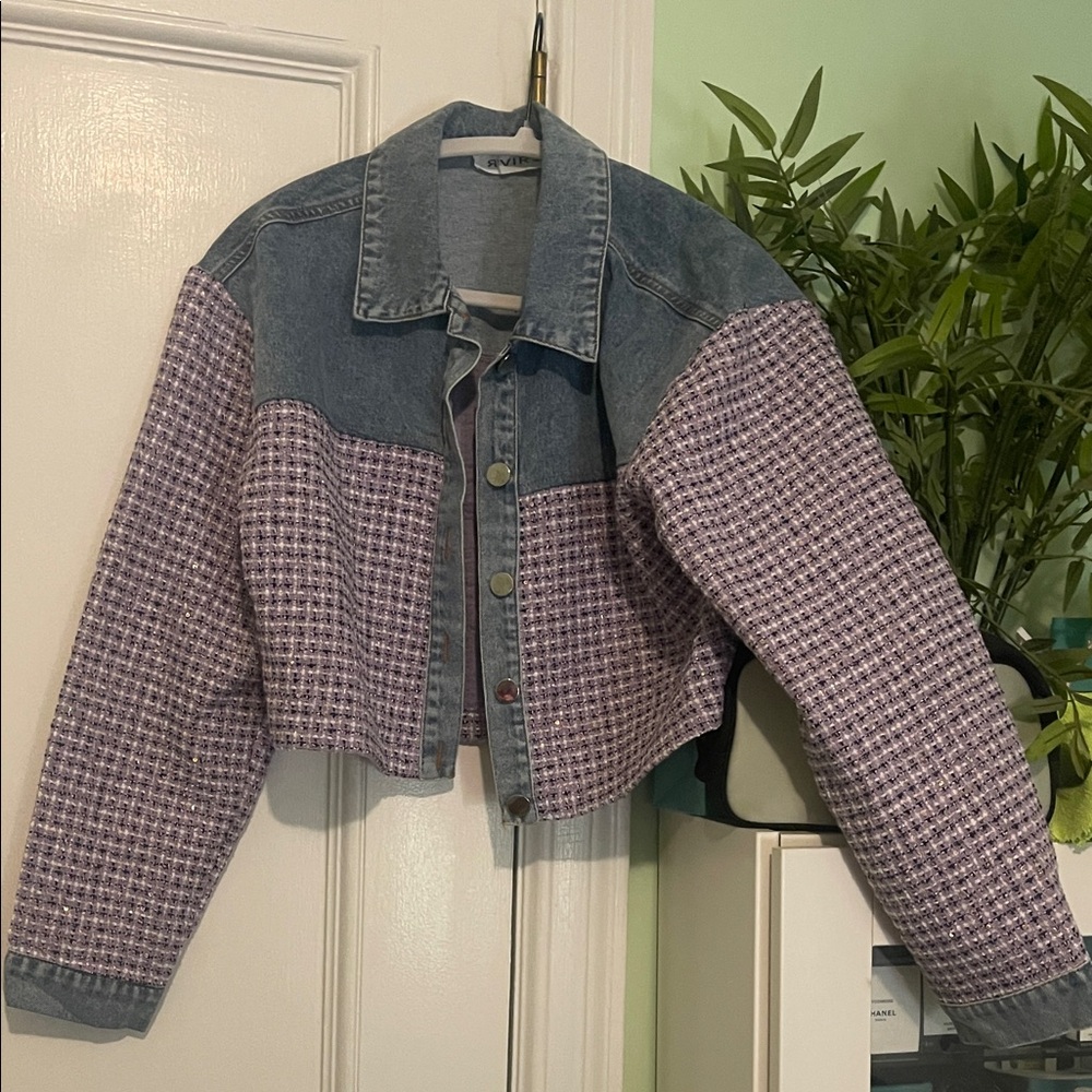 Stylish Denim and Purple Patterned Jean Jacket
